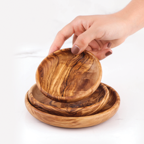 Handgefertigtes Olivenholz-Set – 3 runde Dip-Schälchen