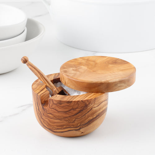Handgefertigte Olivenholz-Salzbox – Mit Löffel & Magnetdeckel