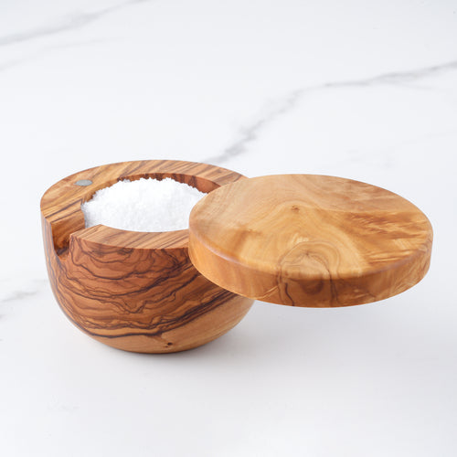 Handgefertigte Olivenholz-Salzbox – Mit Löffel & Magnetdeckel