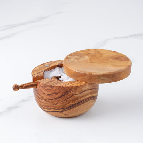 Handgefertigte Olivenholz-Salzbox – Mit Löffel & Magnetdeckel