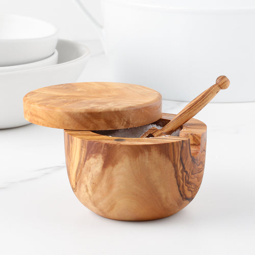 Handgefertigte Olivenholz-Salzbox – Mit Löffel & Magnetdeckel