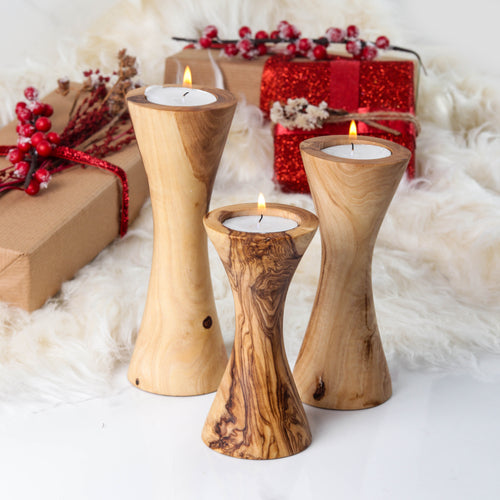 Handgefertigtes Olivenholz-Kerzenhalter-Set – 3-teilig